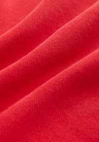 Czerwona tkanina o gładkiej fakturze, wykazująca lekki połysk i złożona w miękkie fale, które uchwycają światło i ukazują gęste, ciepłe wykończenie.