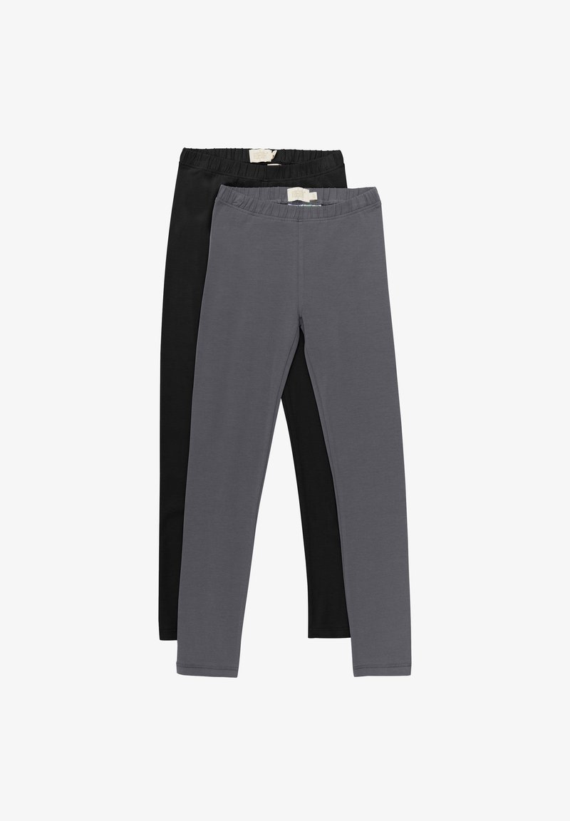 Två par leggings i grått och svart, med ett elastiskt midjeband, slät textur och en figurnära design.