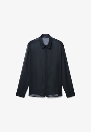 Schwarz, langärmliges Hemd aus transparentem Stoff. Verfügt über eine durchgehende Knopfleiste, einen spitzen Kragen und Ärmelbündchen mit glatter Textur.
