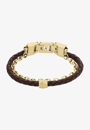 Pulsera de cuero trenzado marrón con cadena y cierre de tono dorado, con un charm cilíndrico texturizado de tono dorado en el centro.