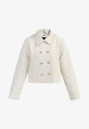 Cropped, textured cream jacket with a collared neckline, double-breasted design, and gold round buttons. Sleeves are straight and wide.