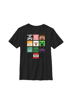Sort T-shirt med ni pixelated Minecraft-figurer og en TNT-blok i et gitter på frontens midte.