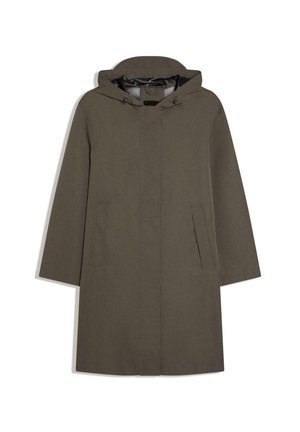 Palton lung verde măsliniu cu glugă, închidere frontală ascunsă și două buzunare laterale, afișat pe fundal alb.