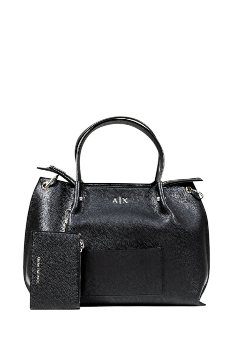 Borsa a mano in pelle nera e texture, con manici doppi, hardware argentato e tasca frontale. Include un portacarte staccabile con logo.