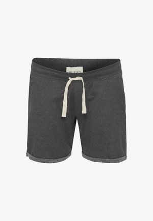 Grijze katoenen shorts met een verstelbare crèmekleurige trekkkoord, opgerolde zoom en een klein logo op de voorkant. Zachte textuur en casual ontwerp.