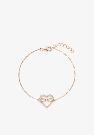 Bracelet en or rose avec un pendentif en forme de cœur surmonté d'un symbole d'infini, orné de cristaux clairs et doté d'une fermeture à mousqueton.