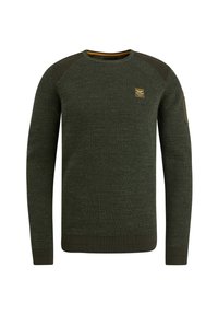 Maglione verde lavorato a maglia con una superficie texture, polsini e orlo a costine. Presenta una piccola etichetta con logo sul petto e rinforzi sulle spalle.