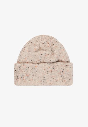 Knit beanie in beige with scattered speckles of orange and black. Features a rolled cuff and a soft texture, suitable for cold weather.