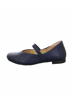 Navy blue leather flat shoe with a rounded toe and a strap across the instep. Features a low heel and a textured finish.