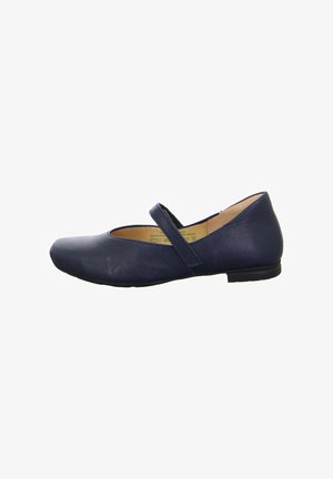 Navy blue leather flat shoe with a rounded toe and a strap across the instep. Features a low heel and a textured finish.