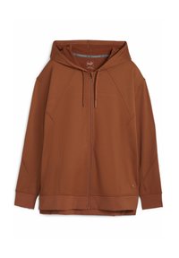 Bruine rits hooded vest met een capuchon, gemaakt van een zachte stof, met raglanmouwen en een iets langere achterkant voor extra bedekking.
