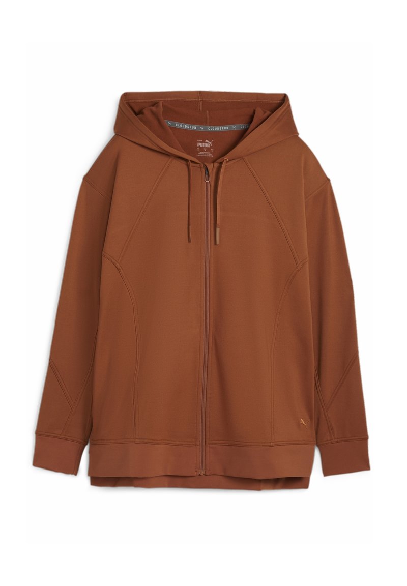 Bruine rits hooded vest met een capuchon, gemaakt van een zachte stof, met raglanmouwen en een iets langere achterkant voor extra bedekking.