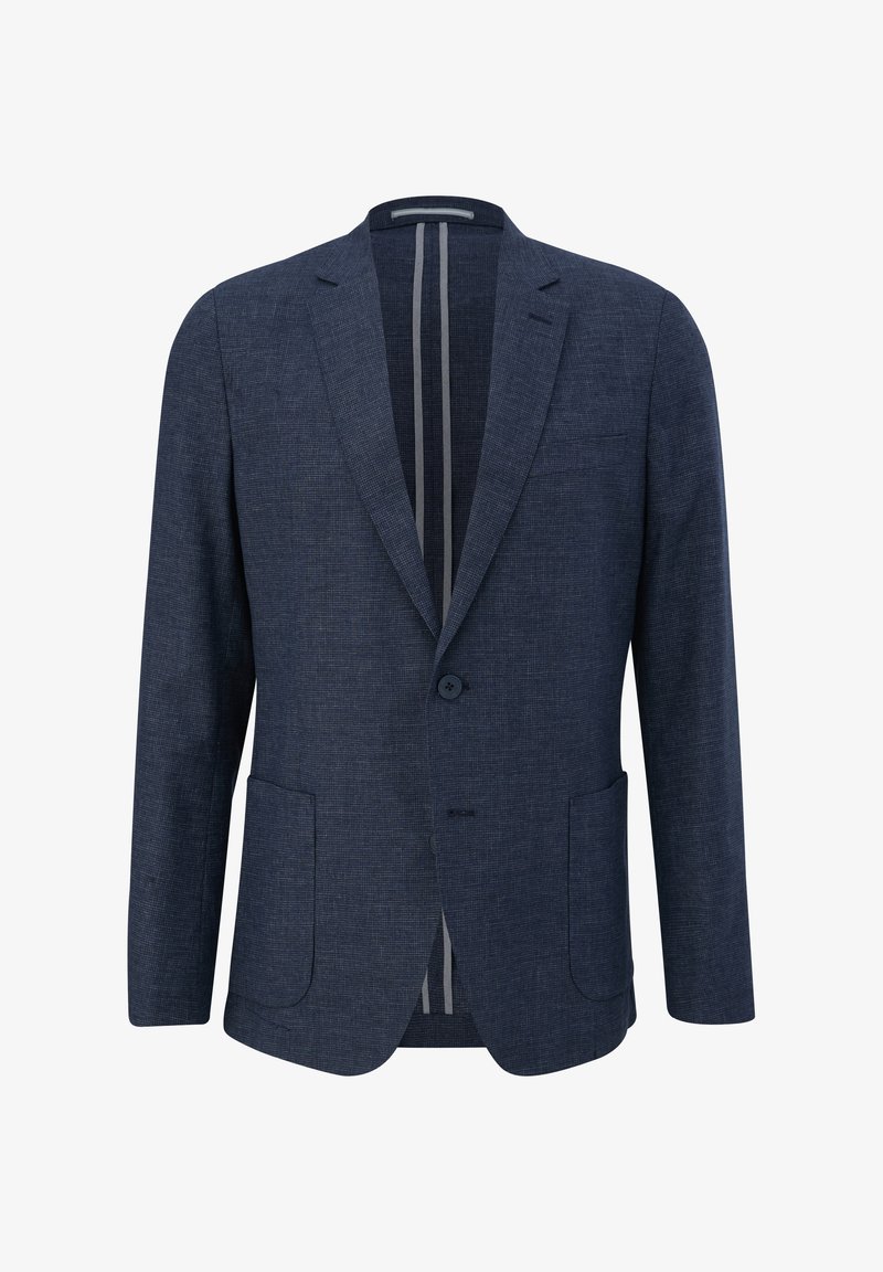 Námořnická modrá pánská blazer s klopami, dvěma předními náprsními kapsami, zapínáním na jeden knoflík a jemným texturovaným vzorem.