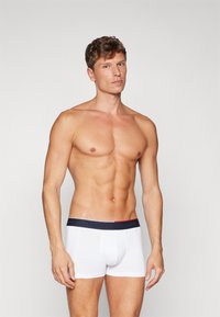 Boxer-briefs blancs avec une taille sombre arborant le logo "TOMMY HILFIGER". Tissu lisse, design ajusté et longueur mi-cuisse.