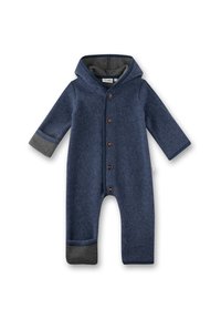 Navy blue hooded baby jumpsuit with long sleeves, grey cuffs, button closure down front, and grey inner lining in hood.