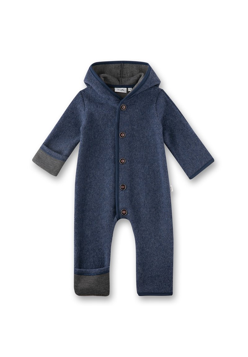 Navy blue hooded baby jumpsuit with long sleeves, grey cuffs, button closure down front, and grey inner lining in hood.