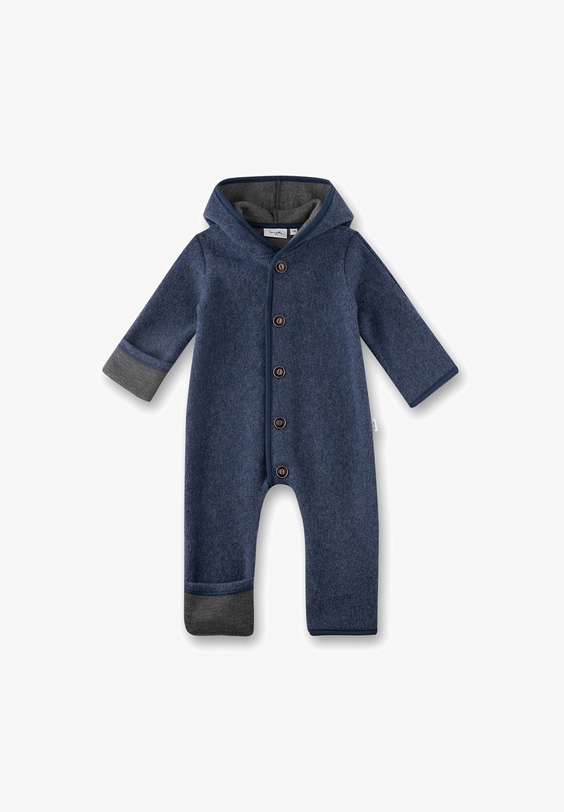 Navy blue hooded baby jumpsuit with long sleeves, grey cuffs, button closure down front, and grey inner lining in hood.