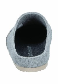 Gray felt slipper with a rounded opening, textured surface, and flat beige sole. Simple design; no visible embellishments.