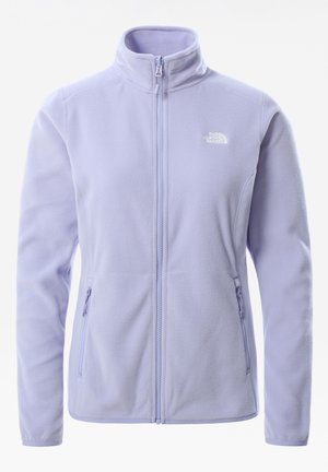 Chaqueta de forro polar color púrpura claro con cremallera completa en la parte frontal, bolsillos laterales con cremallera y cuello alto, con un pequeño logotipo en el pecho.