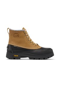Ruskea nahka ja musta kumisaapas, jossa on metalliset silmukat, erottuva ommel ja tekstuuri VIBRAM-pohja. Sisältää harmaata fleecevuoria ja takana lenkki.