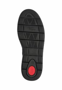 Musta kumipohja, jossa on vaakasuorat ja pystysuorat urat, ja siinä on silmiinpistävä punainen pyöreä logo, jossa lukee "Mukavuus" ja koko 37.