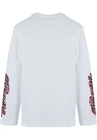 Long-sleeve white t-shirt made of cotton, featuring printed graphics in pink on both sleeves. Simple, rounded neckline and relaxed fit.