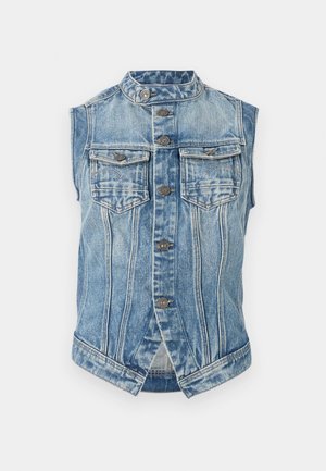 Sleeveless blue denim vest with stand collar, front button closure, two chest flap pockets, and vertical seam detailing.