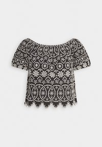 Schwarze Baumwollbluse mit schulterfreiem Design, weißer Floralstickerei, kurzen Puffärmel und gewelltem Saum.