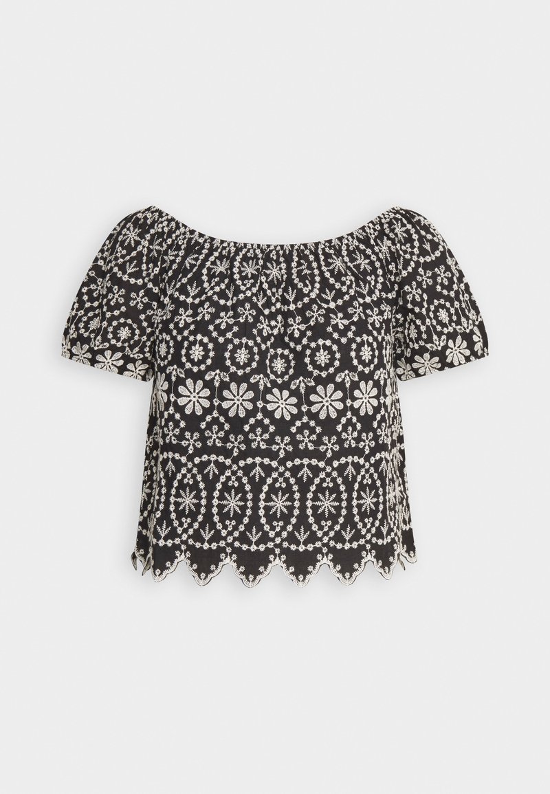 Schwarze Baumwollbluse mit schulterfreiem Design, weißer Floralstickerei, kurzen Puffärmel und gewelltem Saum.