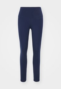 Leggings blu navy realizzati in tessuto elastico con una vita alta, progettati per il comfort e una silhouette aderente. Texture liscia, senza motivi visibili.