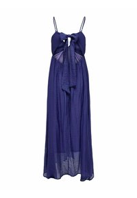 Vestido maxi en un profundo color púrpura, hecho de una tela ligera y fluida. Presenta tirantes ajustables tipo espagueti y un detalle de lazo en la parte delantera.