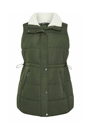 Zielona oliwkowa kamizelka pikowana z białym kołnierzem z polaru, zapięcie na napy i zamek błyskawiczny, dwie boczne kieszenie na zamek oraz sznurek w talii dla regulowanego dopasowania.