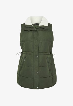Zielona oliwkowa kamizelka pikowana z białym kołnierzem z polaru, zapięcie na napy i zamek błyskawiczny, dwie boczne kieszenie na zamek oraz sznurek w talii dla regulowanego dopasowania.