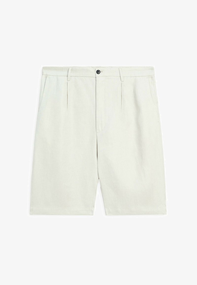 Světlé béžové šortky vyrobené z texturované tkaniny. Mají přední záševky, poutka na opasek a černé zapínání na knoflík. Na délku ke kolenům.