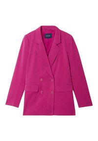 Dubbelgeknoopte blazer in een levendige roze stof. Beschikt over notch revers, twee zijzakken en zilveren accenten voor de sluitingen.