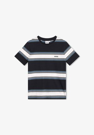 Sort, hvid og grønstribet T-shirt med korte ærmer med "BOSS"-logo på brystet og rund halsudskæring.