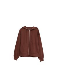 Bruine zip-up hoodie met een capuchon, voorzakken en trekkoorden. Zacht materiaal, ontspannen pasvorm en ribgebreide manchet en tailleband.