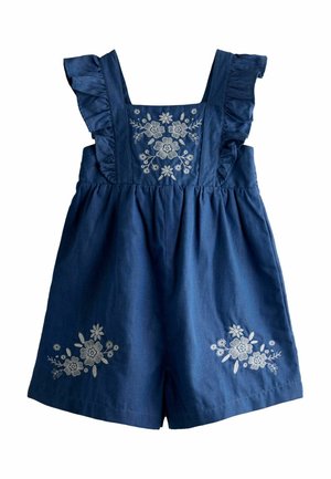 Blauwe mouwloze romper met geplooide bandjes en witte bloemenborduursel op borst en benen, gemaakt van zachte stof.