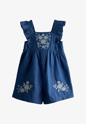 Sinine varrukateta kombinesoon volditud rihmadega ja valge lillemustriga tikand rinnal ja jalgadel, valmistatud pehmest kangast.