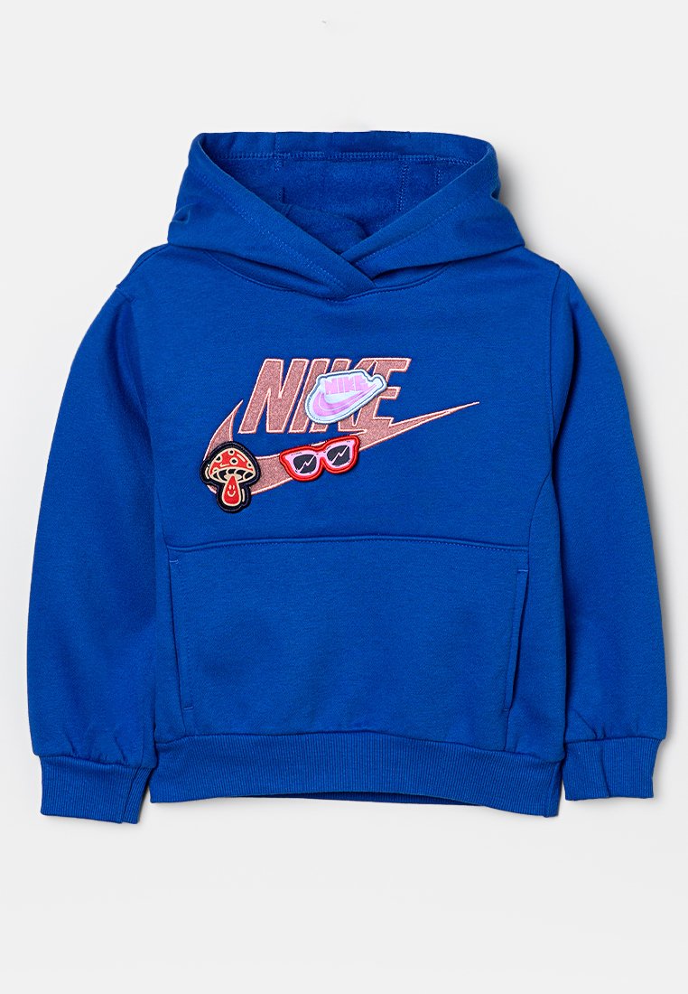 Sudadera azul de mezcla de algodón, con capucha y bolsillo frontal. Decorada con un colorido logotipo de Nike y parches divertidos.