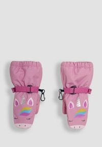 Rosa Einhorn-Handschuhe aus weichem Material, mit einem Regenbogen-Muster und einem gesicherten Riemen mit einem Plastikclip. Abgerundete Form an den Fingerspitzen.