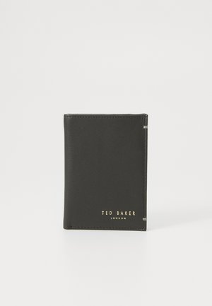 Black leather wallet featuring a smooth texture, stitched edges, and a gold embossed logo on the front. Compact and rectangular design.