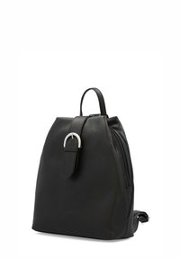 Black leather backpack with a smooth texture, rounded shape, top handle, and a silver metal buckle accent. Features side zippered compartment.