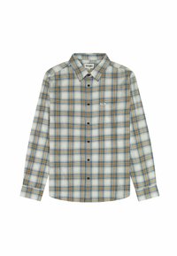 Langarm geruite shirt in wit, blauw en bruin, met een button-down kraag, voorzak en Wrangler-logo op de borst.