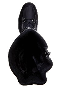 Botte d'hiver noire avec doublure en fourrure et poignets tricotés, sécurisée par un laçage et une fermeture à bascule, vue de haut.