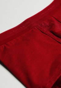 Sous-vêtements en coton rouge avec une ceinture texturée et un logo en relief. Fini lisse et matériau élastique pour le confort.