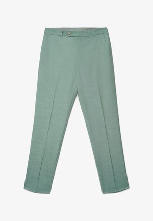 Hellgrüne, maßgeschneiderte Hose mit Gürtelschlaufen, Seitentaschen, vorderer Knopfleiste und Bügelfalten entlang der Beine auf weißem Hintergrund.