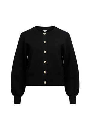 Crni pleteni kardigan s okruglim izrezom, velikim balon rukavima i šest zlatnih dugmadi sprijeda. Skraćeni dizajn.