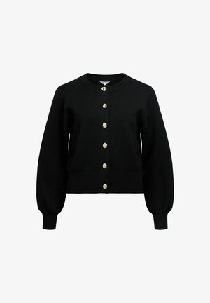 Czarny dziergany kardigan z okrągłym dekoltem, dużymi rękawami typu balon oraz sześcioma złotymi guzikami z przodu. Krótki fason.