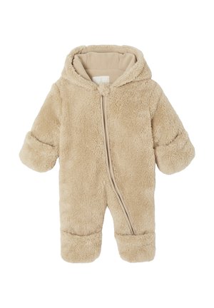 Beige Fleece-Overall mit weicher Textur, ZIP-Verschluss und Kapuze. Rund geschnittene Ärmel mit bündchen. Leicht und wärmendes Design.